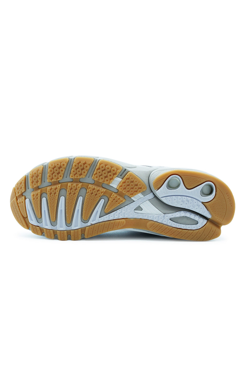 Full bottom view of the Adidas Adistar Control 5 gum rubber outsole, displaying the high-traction tread pattern and integrated Torsion System stabilizer.