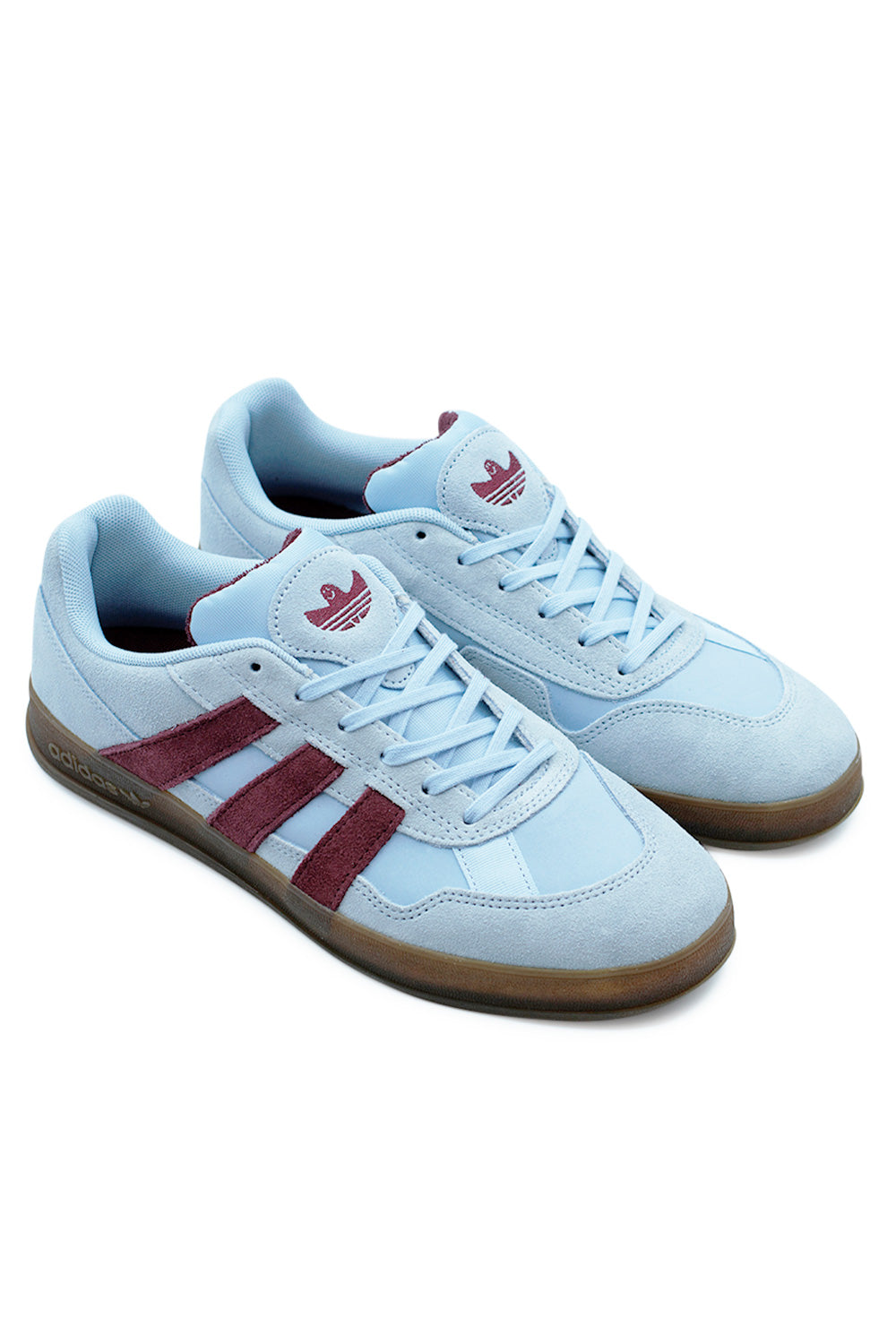 Top view of Adidas Aloha Super Clear Sky showing lacing system and blue suede toe cap.