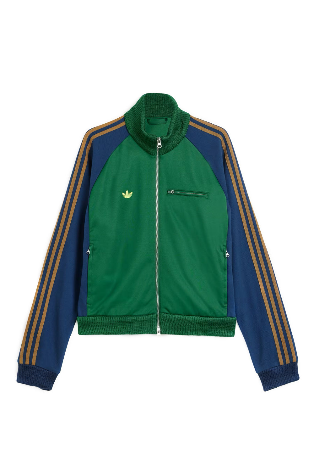 Frontansicht des Adidas x Brain Dead Trainingsjacke mit Zwei-Wege-Reißverschluss und Stehkragen im Retro-Style.