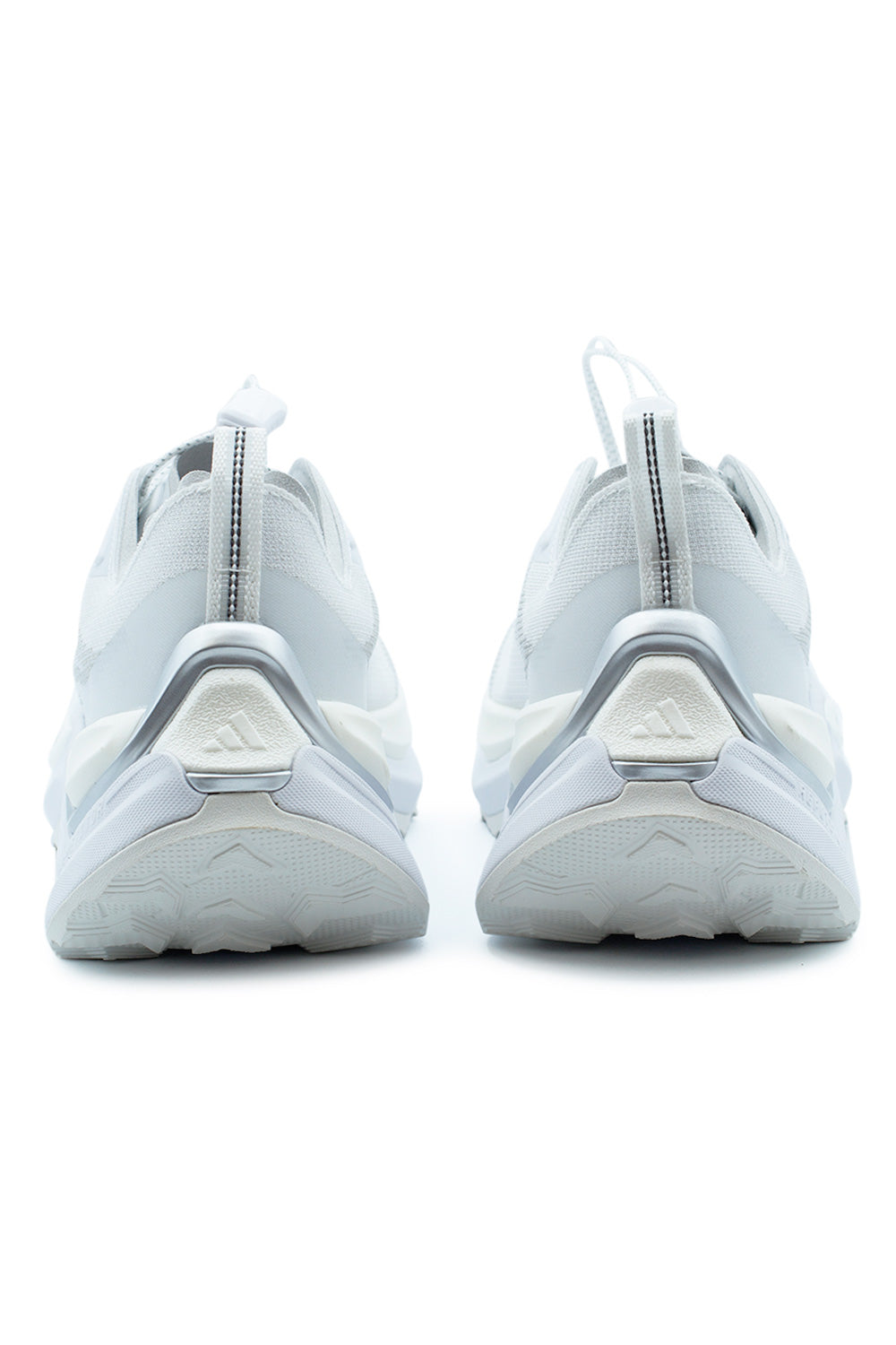 Rear heel view of the adidas Holo Peak shoes, showcasing the architectural, sculptural heel structure with integrated matte silver and white stabilizing elements.