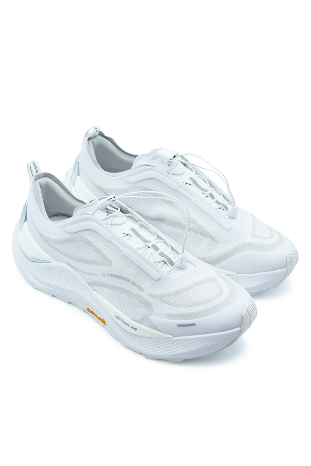 Studio shot of a pair of adidas Holo Peak Cloud White sneakers placed together at an angle, displaying the progressive viz-tech aesthetic and flowing avant-garde silhouette.