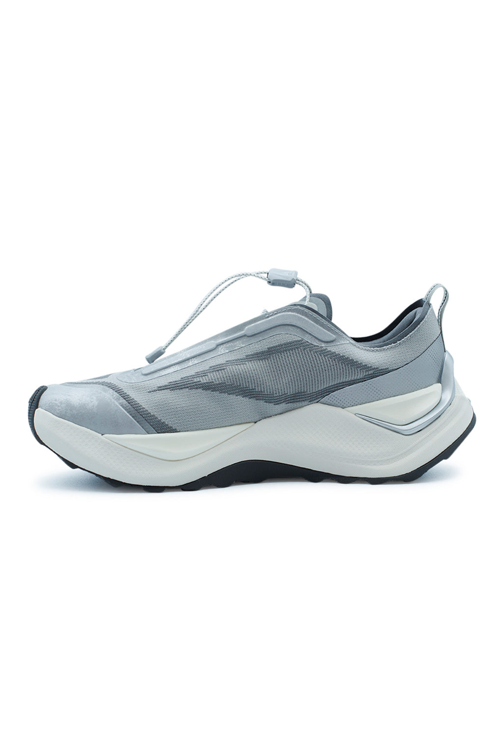 Medial side view of the adidas Holo Peak shoe, emphasizing the seamless, fluid panels of the dark grey upper and the thick protective Repetitor carrier foam midsole.