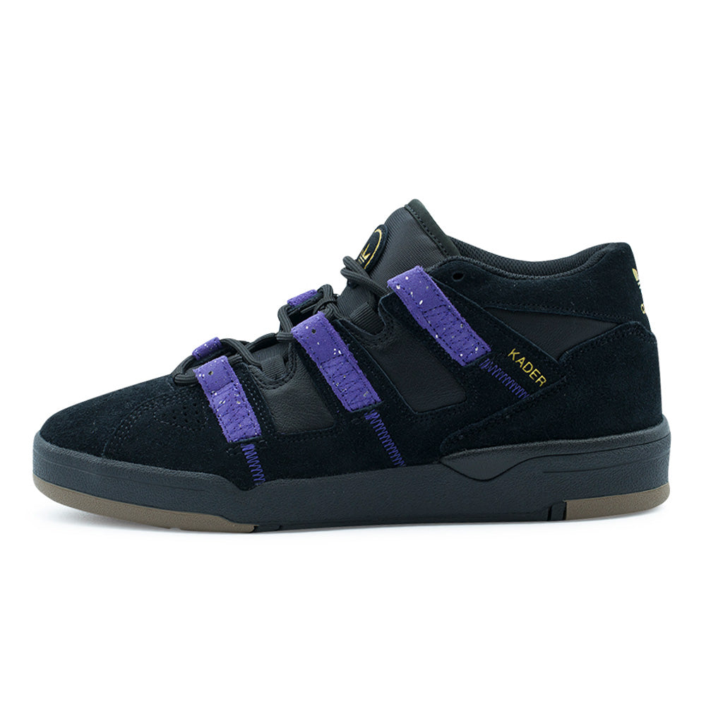 Lateral profile studio view of the adidas Skateboarding Kader shoe in Core Black, Collegiate Purple, and Gold Metallic, featuring a mid-top 1990s basketball-inspired skate silhouette constructed from black suede with full-grain leather side underlays, textured Collegiate Purple hairy suede Three Stripes with glitter speckles, gold foil "KADER" branding, and a heavy-duty black rubber cupsole with gum outsole accents.