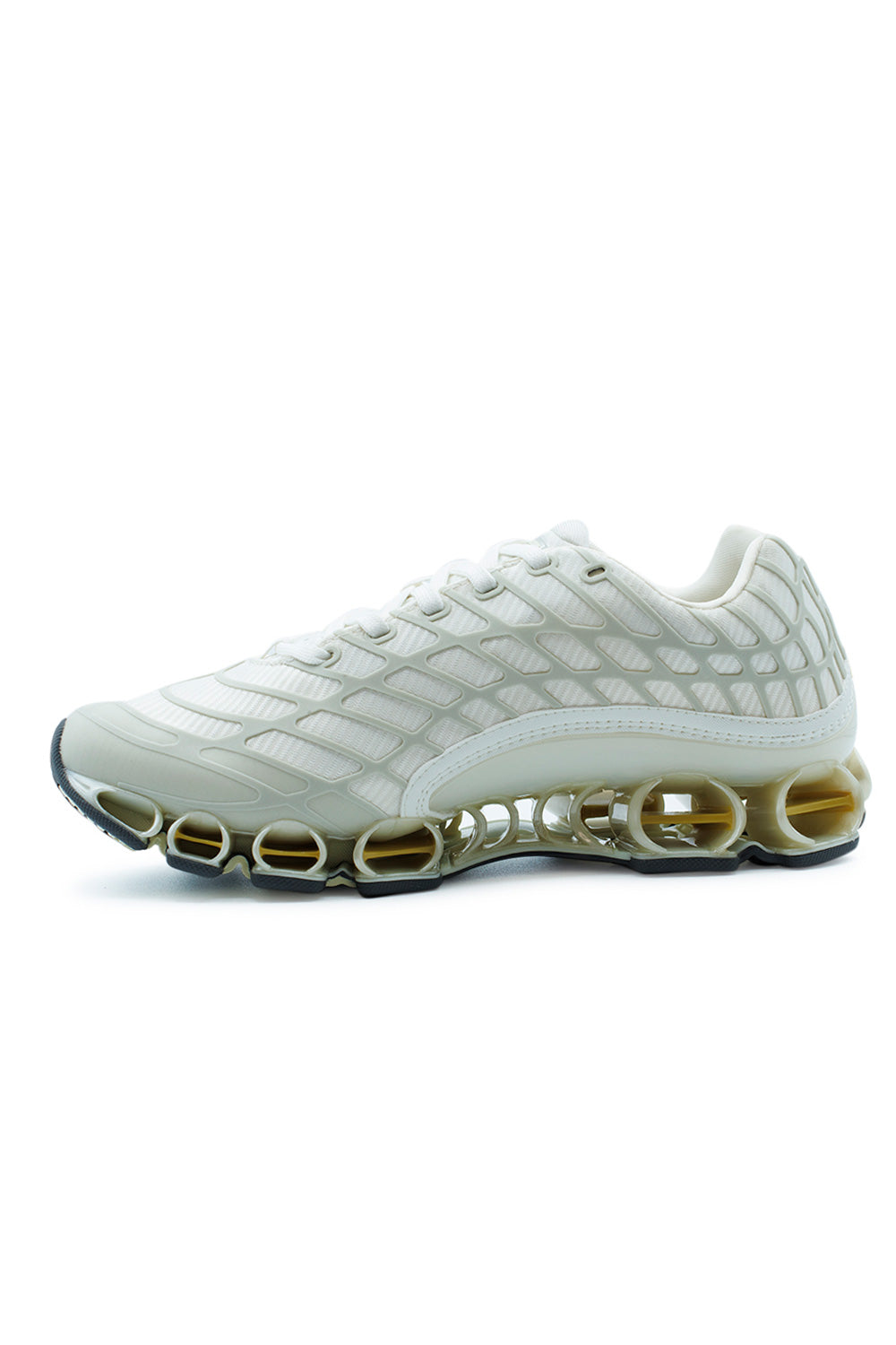 adidas Megaride F50 Cloud White Ice Gold Metallic sneaker featuring breathable mesh upper, RPU Spider stability cage and iconic Megaride open-tunnel cushioning technology
