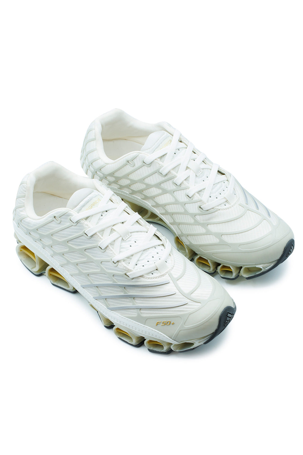 Angled view of the adidas Megaride F50 showcasing sculptural Y2K aesthetics, tunnel midsole construction and technical performance-driven design