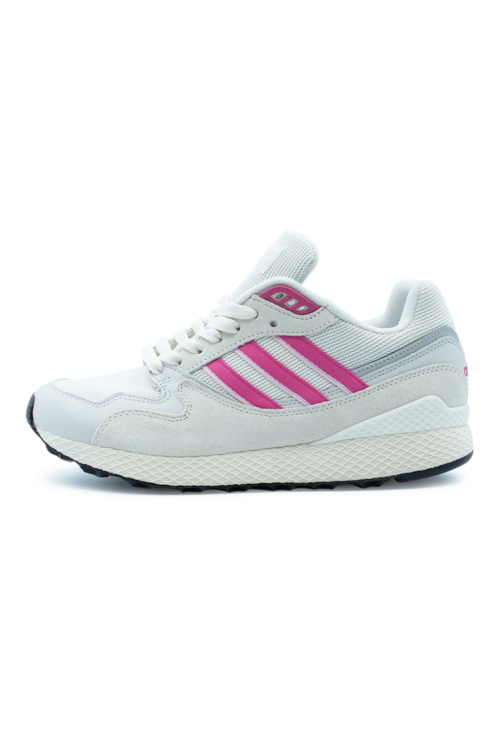 Lateral profile of the adidas Originals Oregon Ultra Tech KI7560 in Cloud White, Semi Lucid Fuchsia and Orchid Fusion, featuring breathable mesh, premium suede overlays, smooth leather toe cap and a vintage-inspired retro running silhouette.