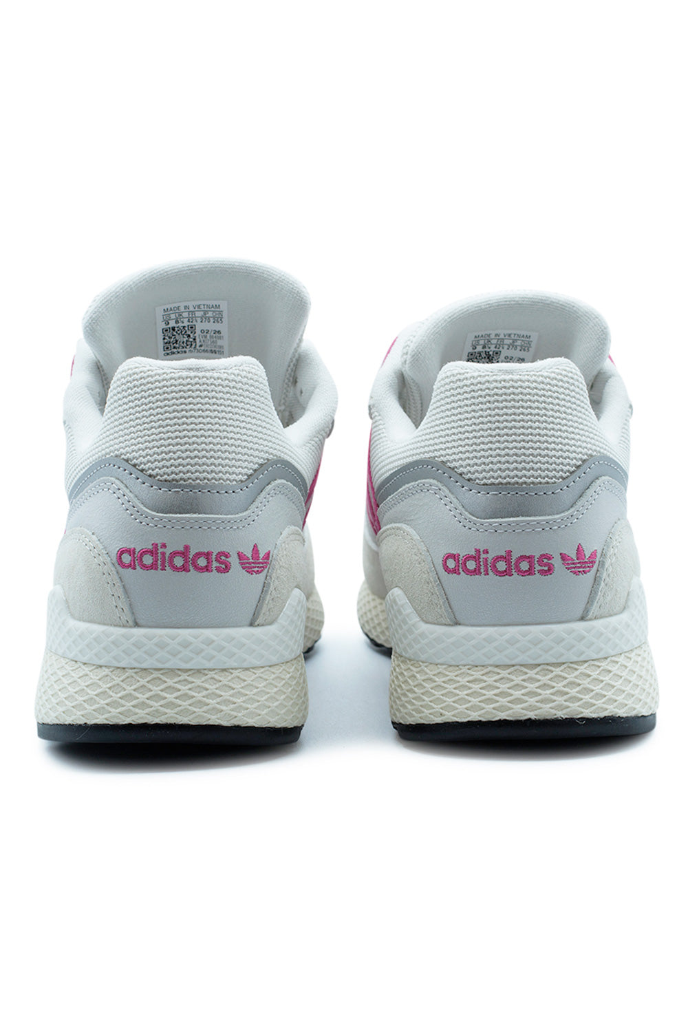 Rear view of the adidas Originals Oregon Ultra Tech highlighting embroidered Trefoil branding, supportive heel construction, cushioned midsole and timeless archive running aesthetics in the Cloud White and Semi Lucid Fuchsia KI7560 edition.