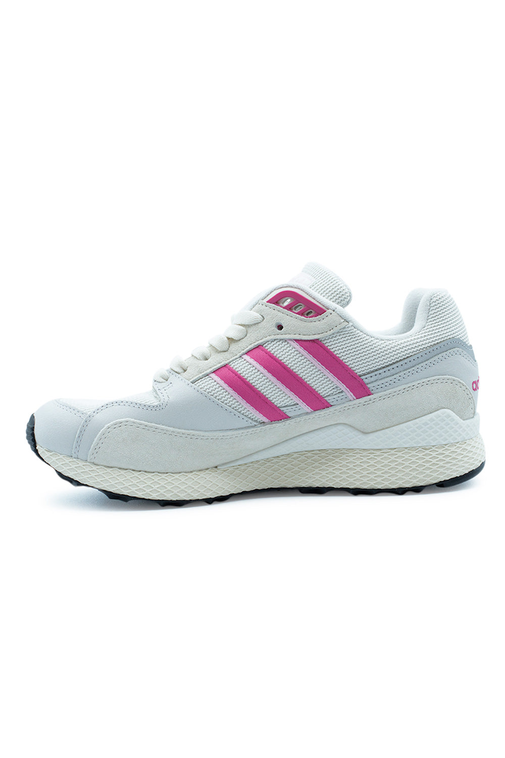 Medial side profile of the adidas Oregon Ultra Tech Cloud White / Semi Lucid Fuchsia / Orchid Fusion sneaker featuring layered suede panels, lightweight mesh upper, cushioned foam midsole and authentic adidas Originals retro runner design.
