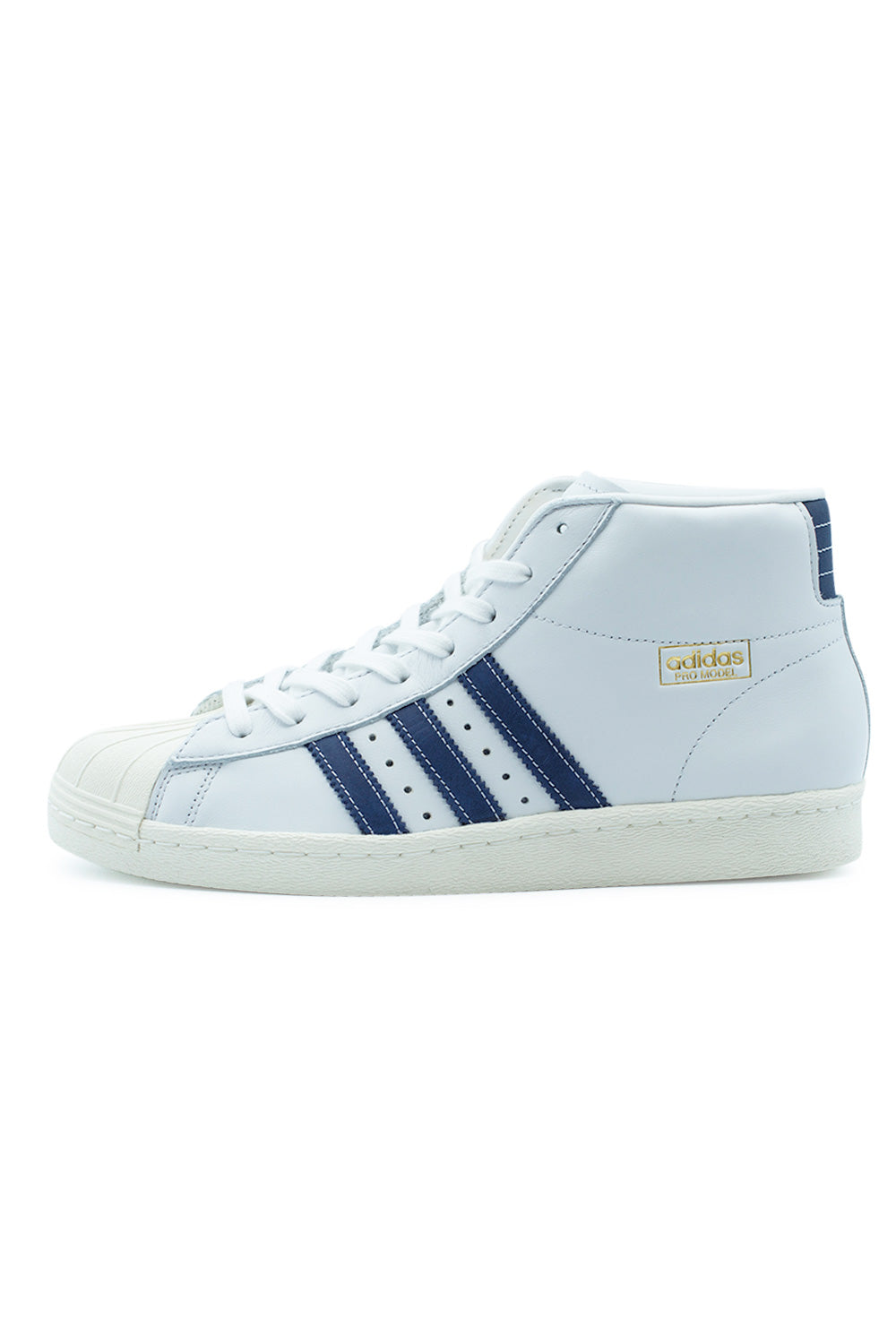 Lateral side view of the adidas Pro Model 80 ADV high-top skate shoe in crystal white leather, featuring muted purple three stripes and a gold foil logo.