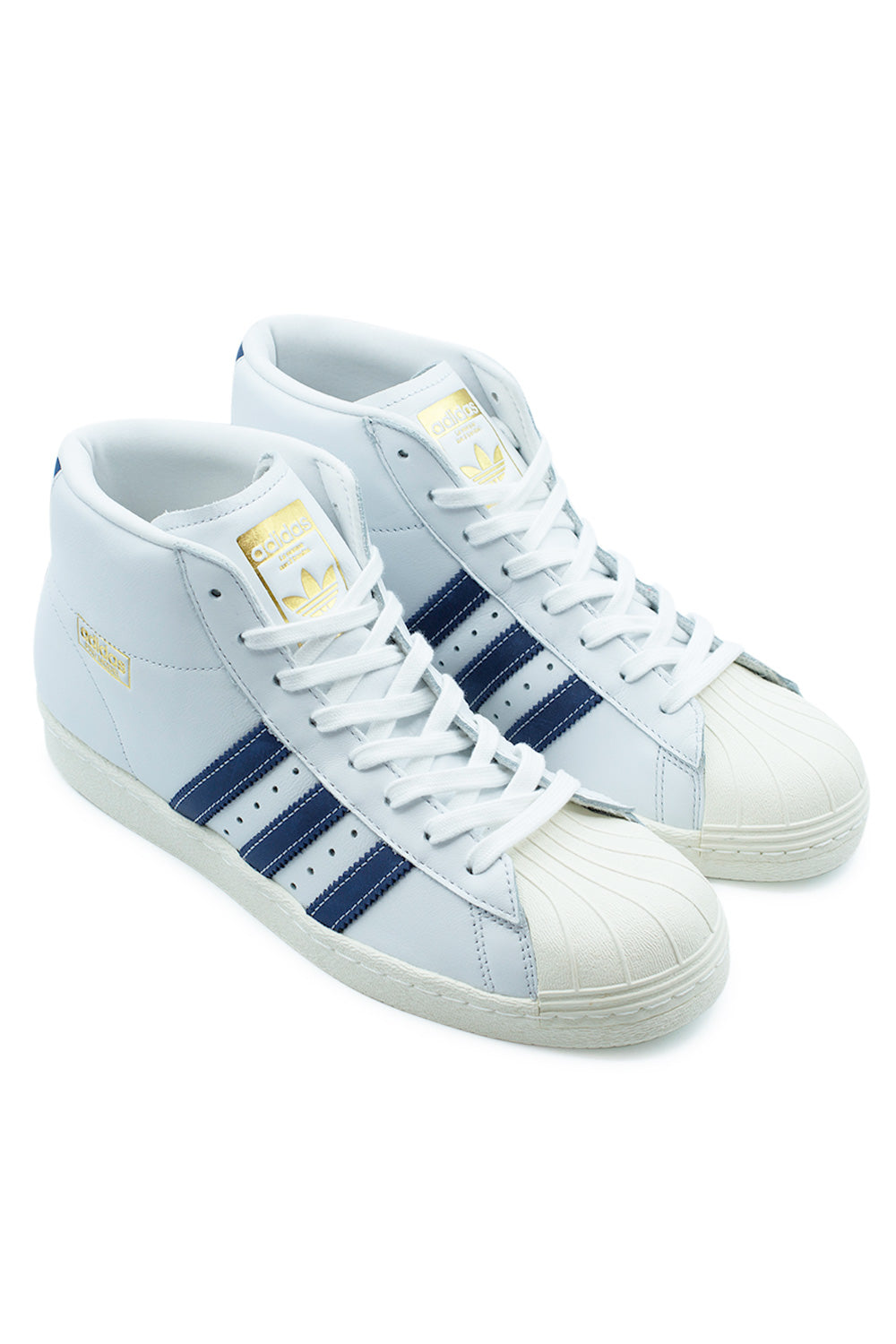 Studio shot of a pair of adidas Pro Model 80 ADV sneakers placed together at an angle, displaying the retro basketball-inspired high-top silhouette.