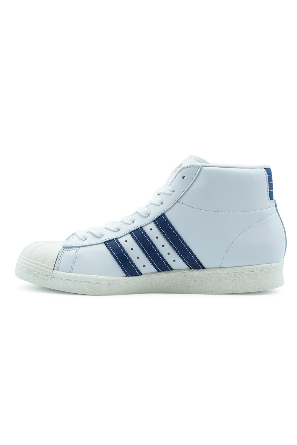 Full side profile view of the adidas Pro Model 80 ADV shoe, highlighting the clean white full-grain leather upper panels and stitched rubber cupsole.