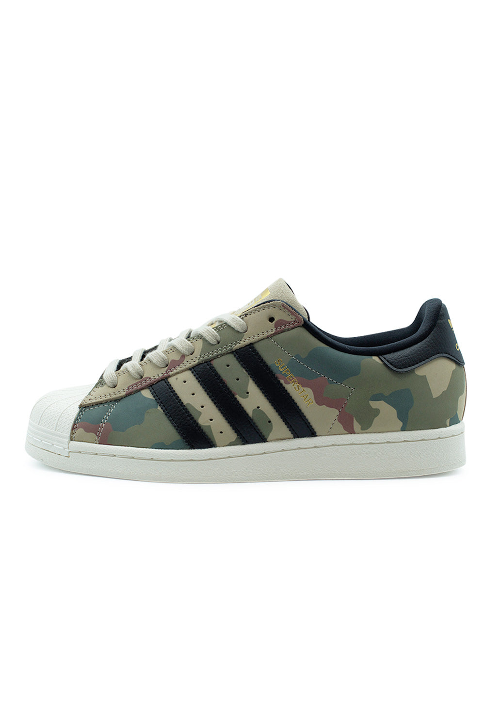 Side profile of the adidas Superstar ADV KJ5120 in Khaki Three, Core Black and Chalk White, featuring a premium camouflage leather upper, black Three Stripes, iconic rubber shell toe and durable skate-ready cupsole construction.