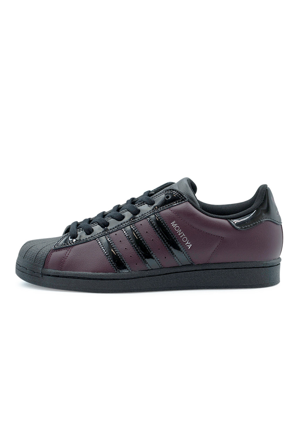 Adidas Superstar ADV Marcos Montoya maroon core black skate shoes side view, premium leather shell toe sneaker with patent three stripes and durable cupsole KI6735
