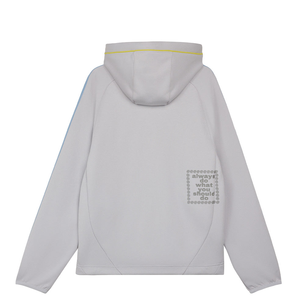 Back flat lay studio perspective of the light grey adidas x ADWYSD Full Zip Hoodie, displaying the raglan sleeve cut, neon yellow piping accent across the back of the hood, and a puff-printed dark grey slogan graphic on the lower right back reading "always do what you should do" enclosed in an "@" symbol border.