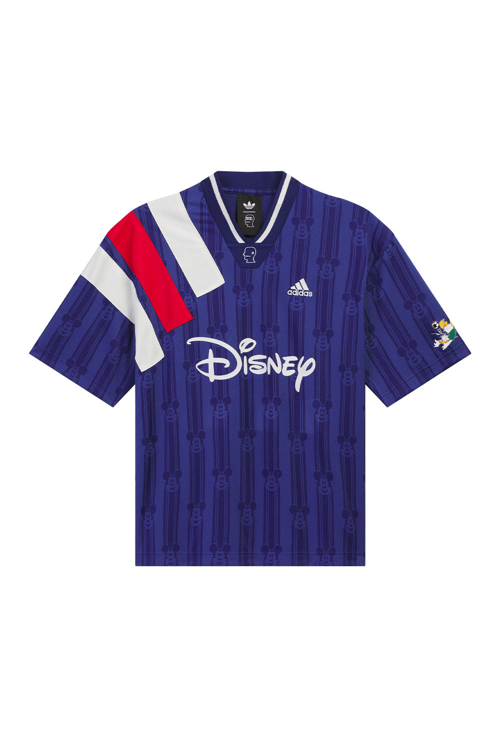 adidas x Brain Dead x Disney Football Jersey Victory Blue front view featuring all over Mickey Mouse jacquard pattern, flocked Disney logo, embroidered adidas logo, Donald Duck sleeve graphic, Brain Dead collar embroidery and limited World Cup capsule collection