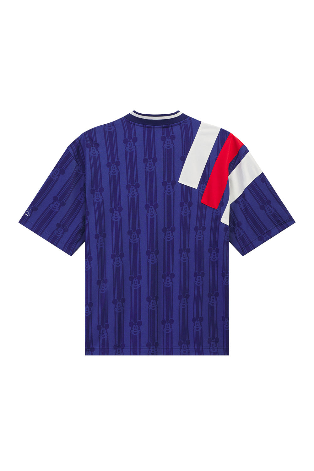 Back view of the adidas x Brain Dead x Disney Football Jersey Victory Blue featuring all over woven Mickey Mouse pattern, oversized retro football fit, three sewn-on shoulder stripes and exclusive World Cup capsule design