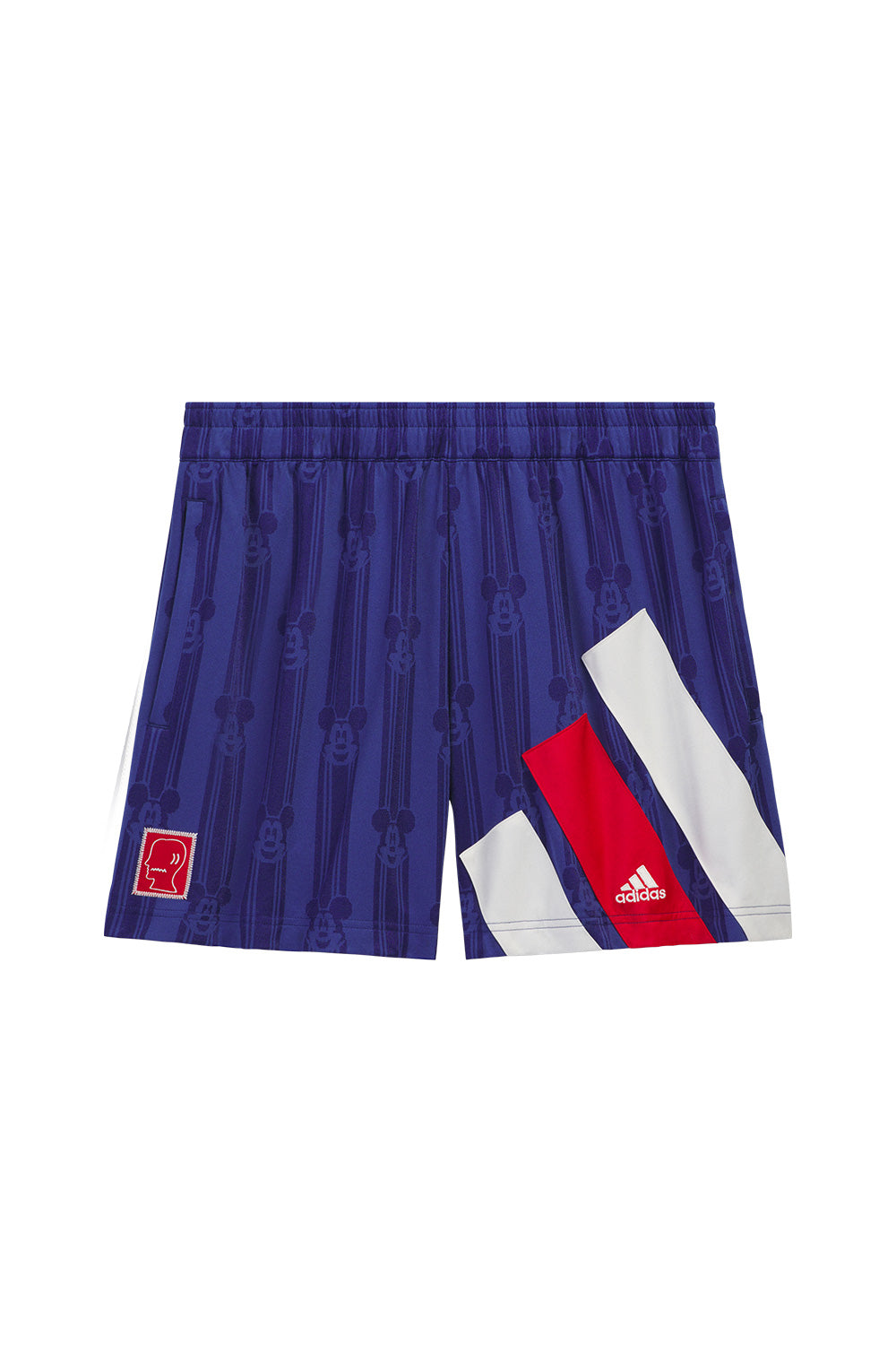 adidas x Brain Dead x Disney Football Short Victory Blue front view featuring all over Mickey Mouse jacquard pattern, embroidered adidas logo, Brain Dead logo patch, retro football design and limited World Cup capsule collection