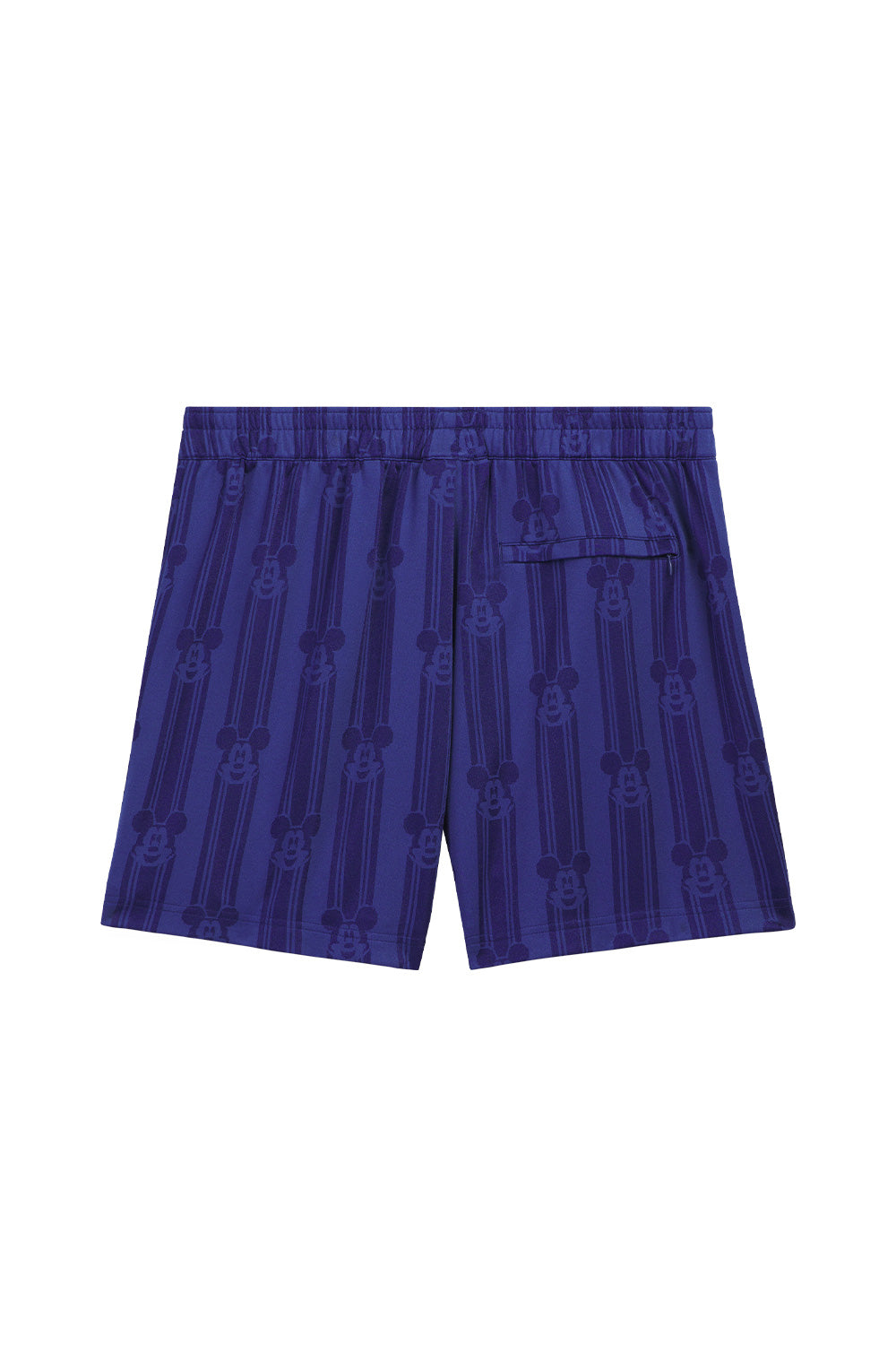 Back view of the adidas x Brain Dead x Disney Football Short Victory Blue with all over Mickey Mouse woven pattern, zip back pocket, elastic waistband and premium retro football construction