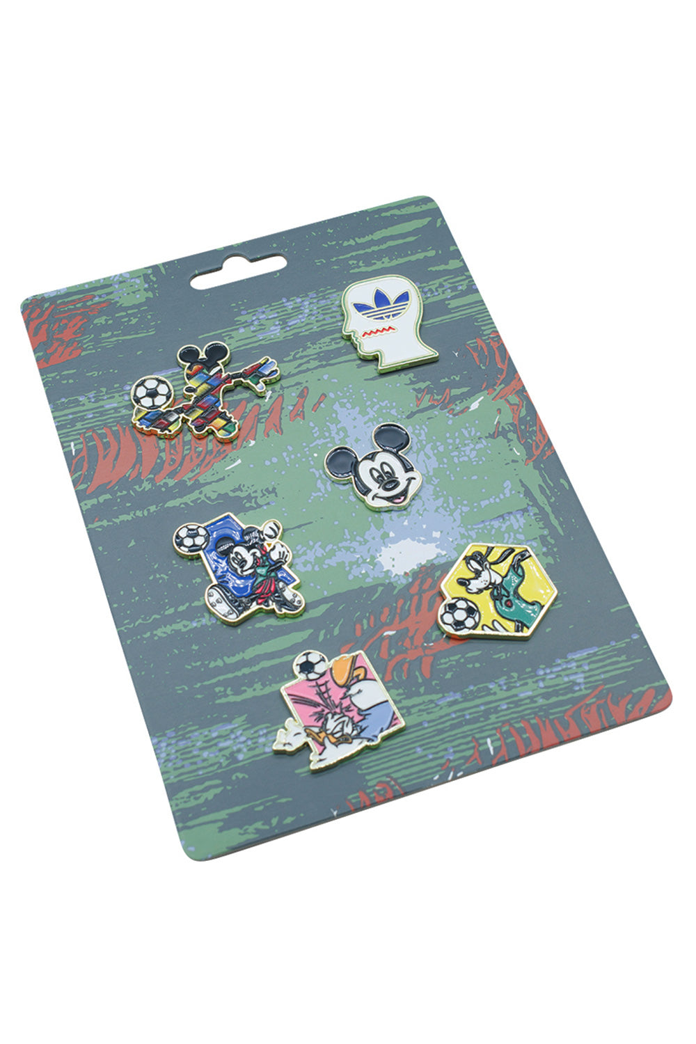 Exclusive accessory set included with the Adidas x Brain Dead x Disney Predator sneaker featuring six collectible vintage-style enamel pins with Mickey Mouse, Donald Duck, Goofy, adidas Originals Trefoil, football graphics and Brain Dead artwork for personalized customization.