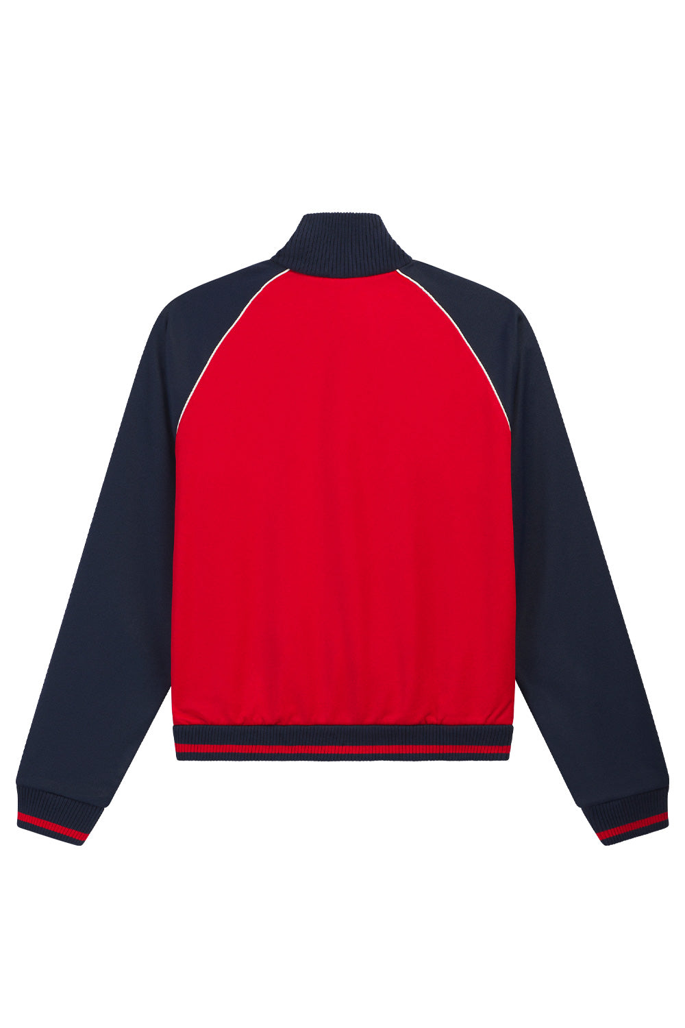 Back view of the Adidas Originals x Brain Dead x Disney Track Top Better Scarlet with clean retro sportswear design, raglan sleeves, navy shoulder panels, signature 3-Stripes, ribbed hem and collar, oversized fit and premium cotton recycled polyester construction.
