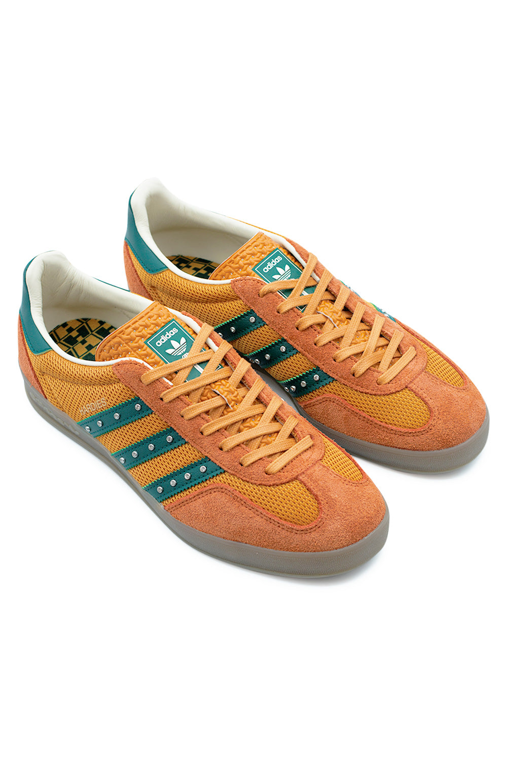adidas Hardies Gazelle Indoor sneakers angled pair perspective with rhinestone three stripes, vintage terrace style, gum outsole and NYC-inspired skateboarding aesthetic