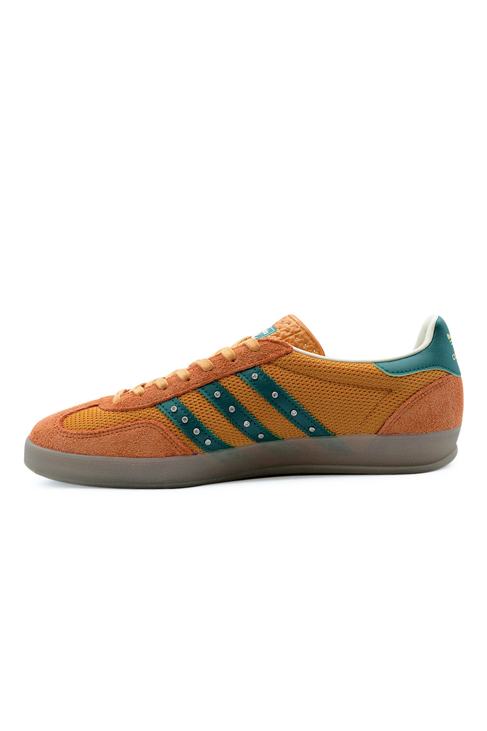 inner side view adidas Gazelle Indoor Hardies edition highlighting low-profile design, flexible gum rubber sole, lightweight construction and premium suede mesh combination upper