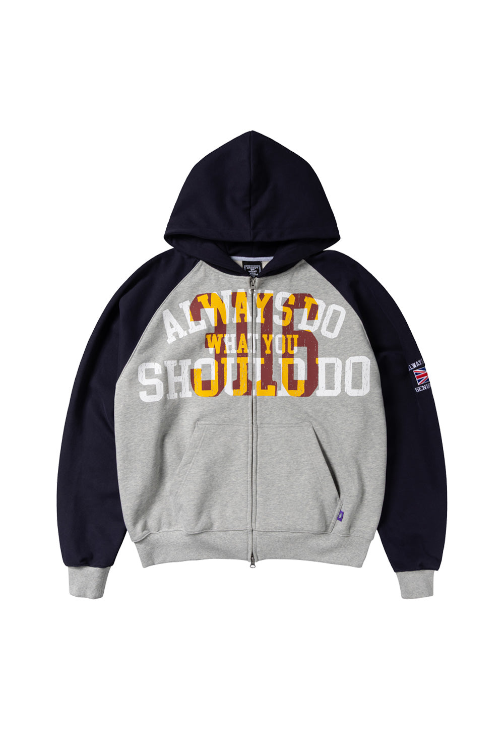 Front view of the Always Do What You Should Do Jersey Raglan Zip Up Hoodie, featuring a heather grey heavy cotton body, dark navy blue raglan sleeves and hood, split kangaroo front pocket, silver two-way YKK front zipper, grey ribbed hem and cuffs, small purple woven label, and a bold white and yellow collegiate "Always Do What You Should Do" distressed chest graphic.