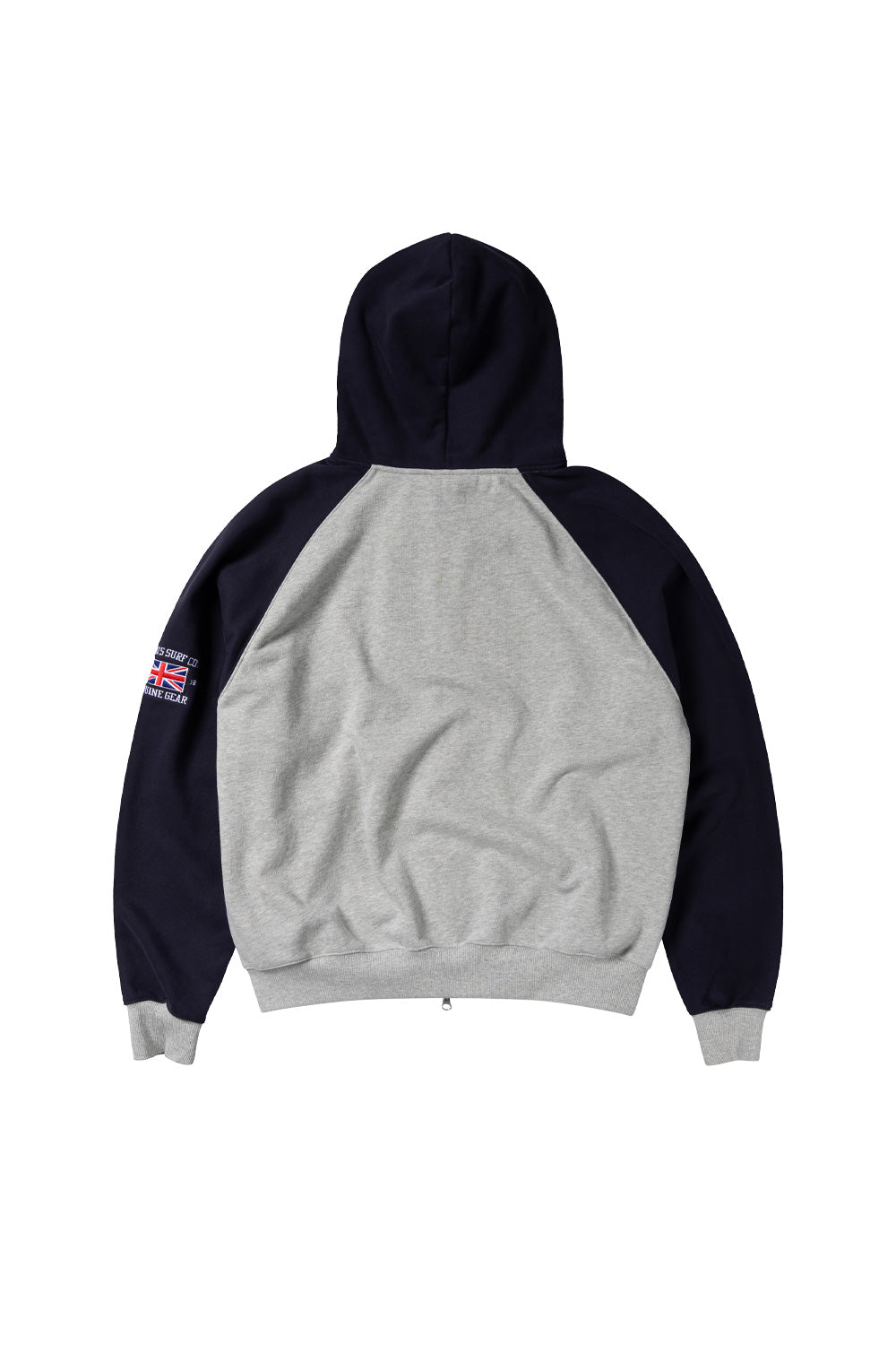 Rear view of the Always Do What You Should Do Raglan Zip Up Hoodie, displaying the contrast between the dark navy hood and sleeves and the heather grey cotton back panel, finished with grey ribbed cuffs and an embroidered graphic detail visible on the left sleeve.