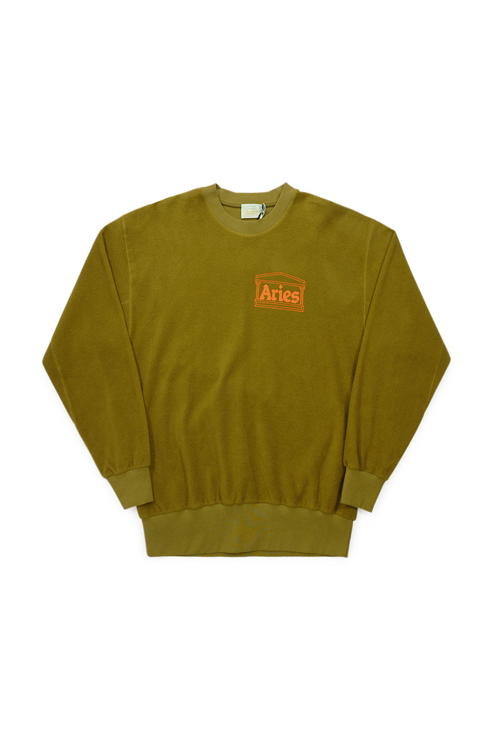"Aries Reverse Fleece Temple Sweatshirt Olive – Olivgrünes Fleece-Sweatshirt mit aufgesticktem Aries-Logo"