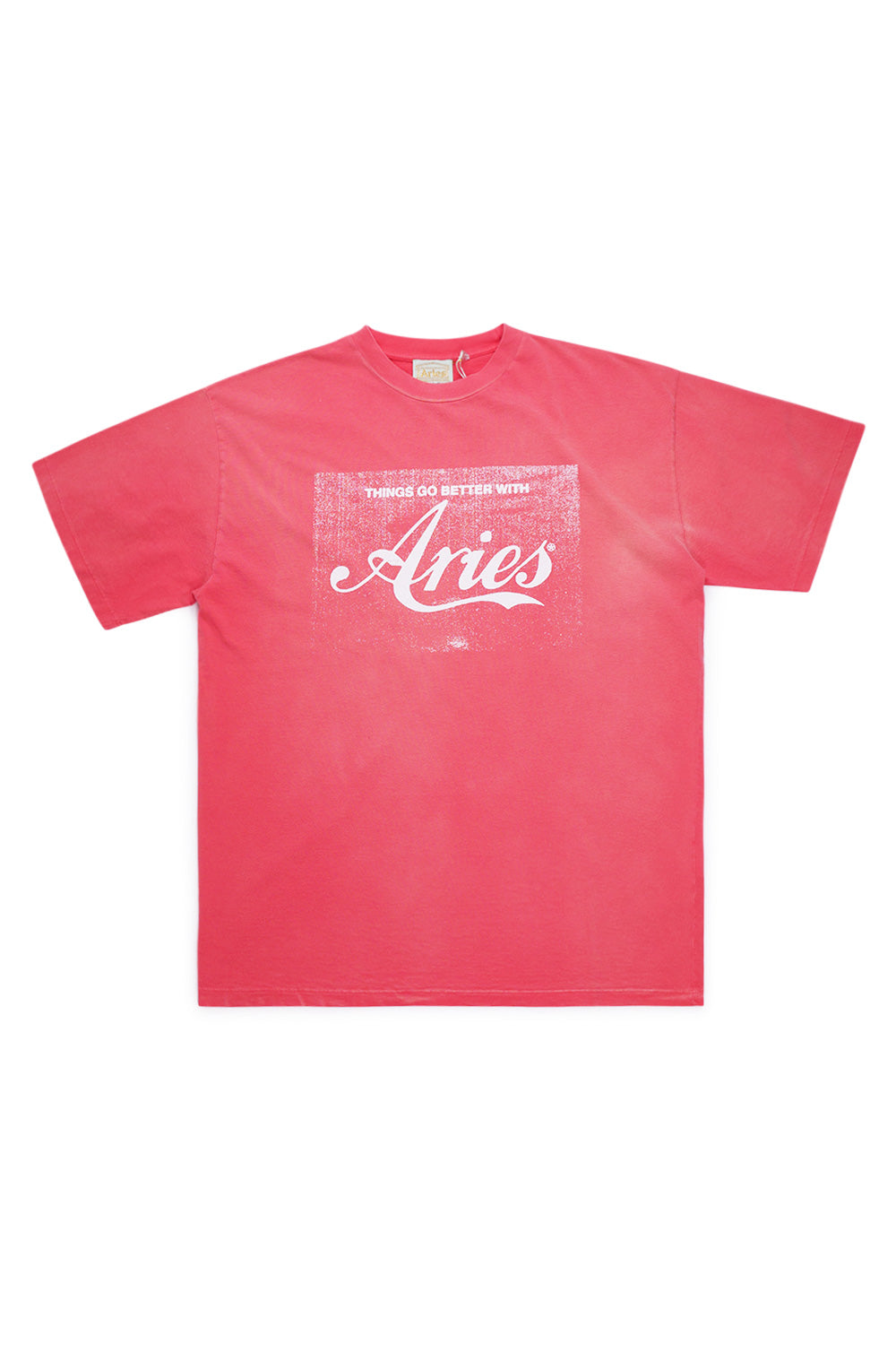 Aries Sunbleached Cola T-Shirt Red – Hochwertiges, gebleichtes Baumwollshirt mit lockerem Boxy Fit und markantem Brustprint, handgefertigt in Italien.