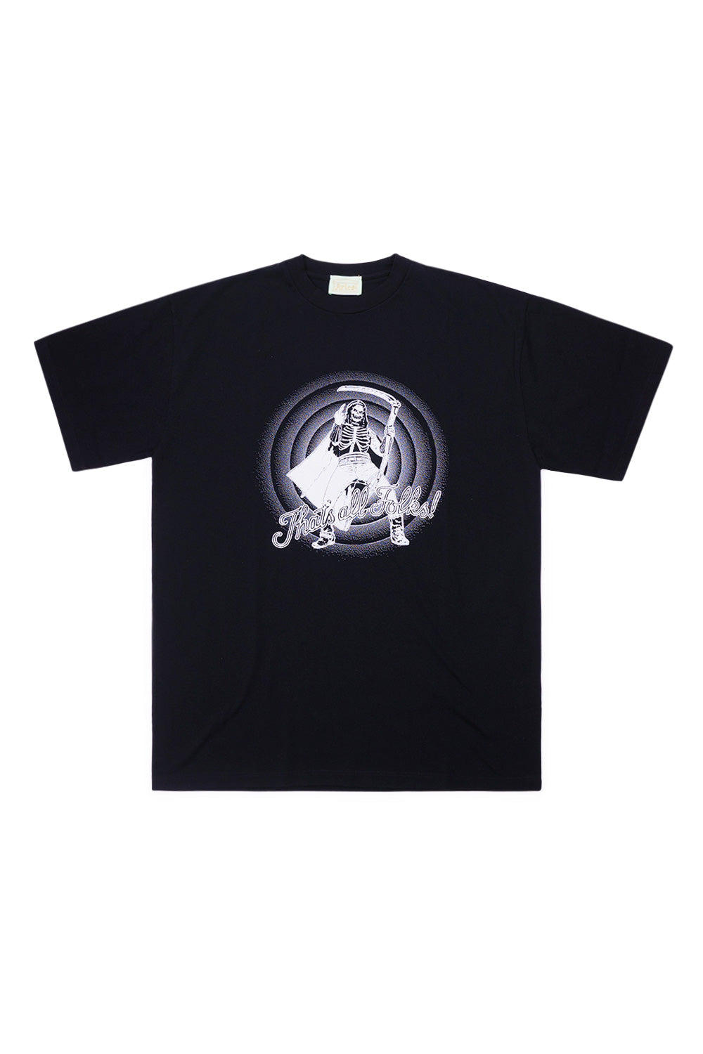 "Aries That's All Folks T-Shirt Black – Schwarzes Streetwear-T-Shirt mit weißem Aries-Print im Retro-Style, inspiriert von klassischer Cartoon-Ästhetik"