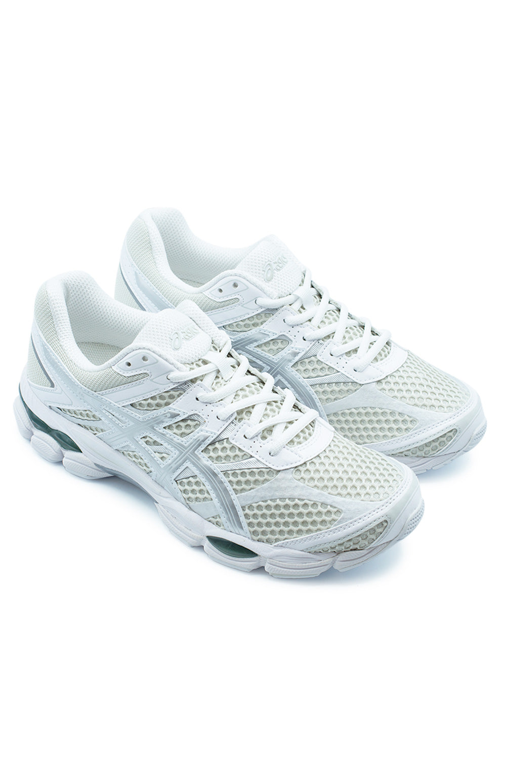 Studio shot of a pair of Asics GEL-Cumulus 16 Lake Green and Pure Silver sneakers angled together, displaying the futuristic multi-layered 2010s performance design.