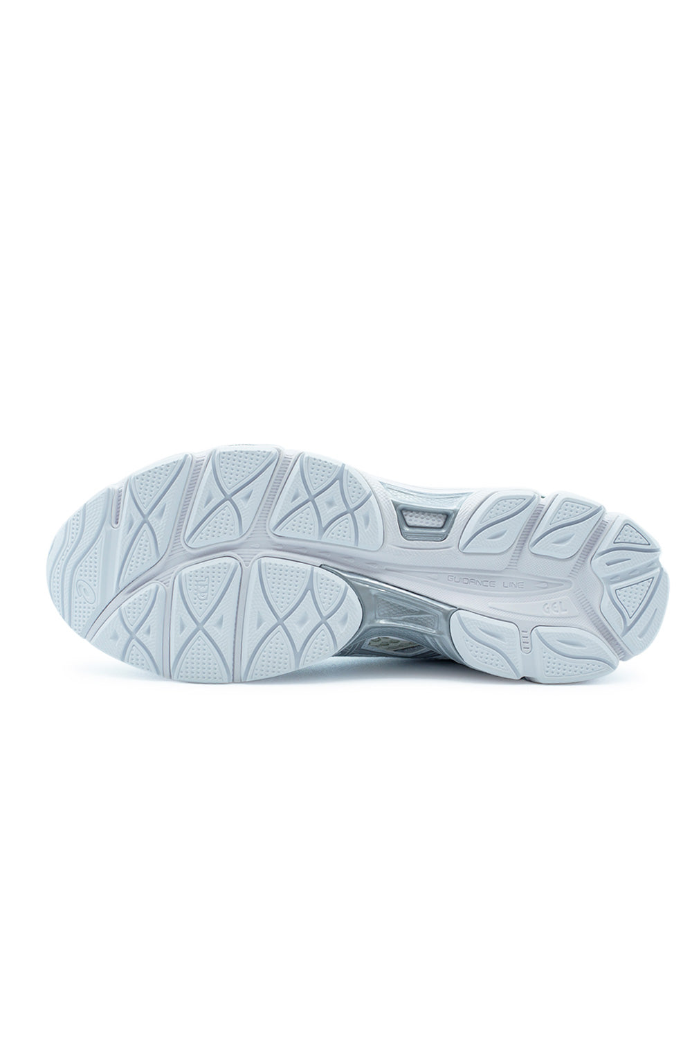 Full bottom view of the white rubber outsole of the Asics GEL-Cumulus 16 sneaker, showing the traction patterns, Guidance Line groove, and center stabilizing shank.