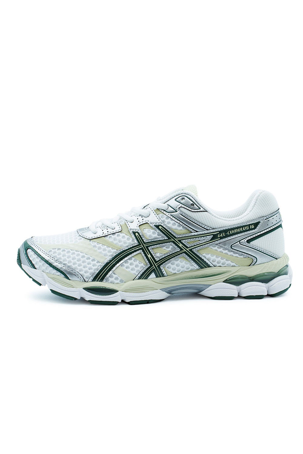 ASICS GEL-CUMULUS 16 White Forest Night retro running sneaker with breathable open mesh upper, metallic synthetic overlays and iconic GEL cushioning technology