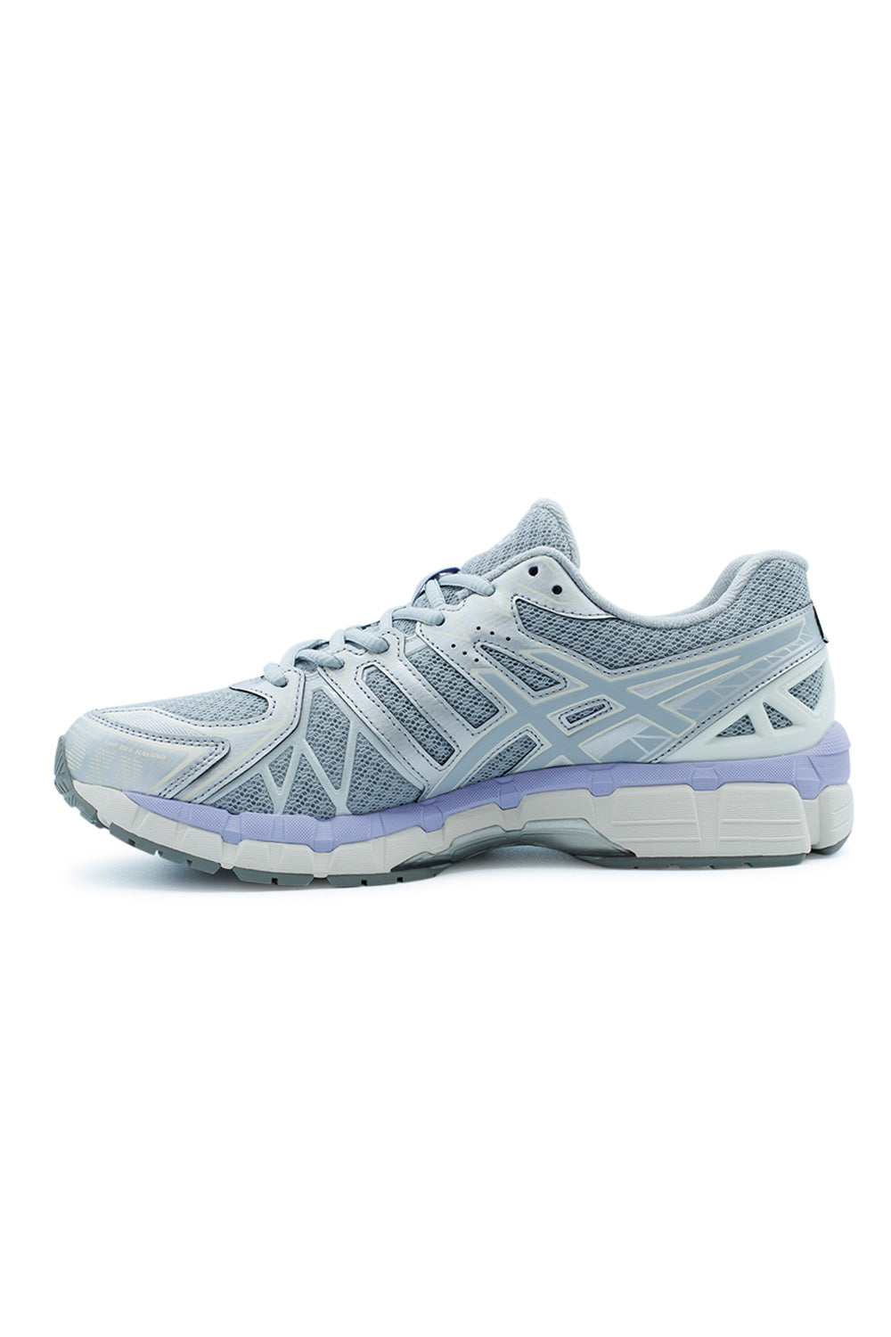 ASICS Gel-Kayano 20 lifestyle sneaker with monochromatic grey colorway, structural support framework and advanced shock absorption technology