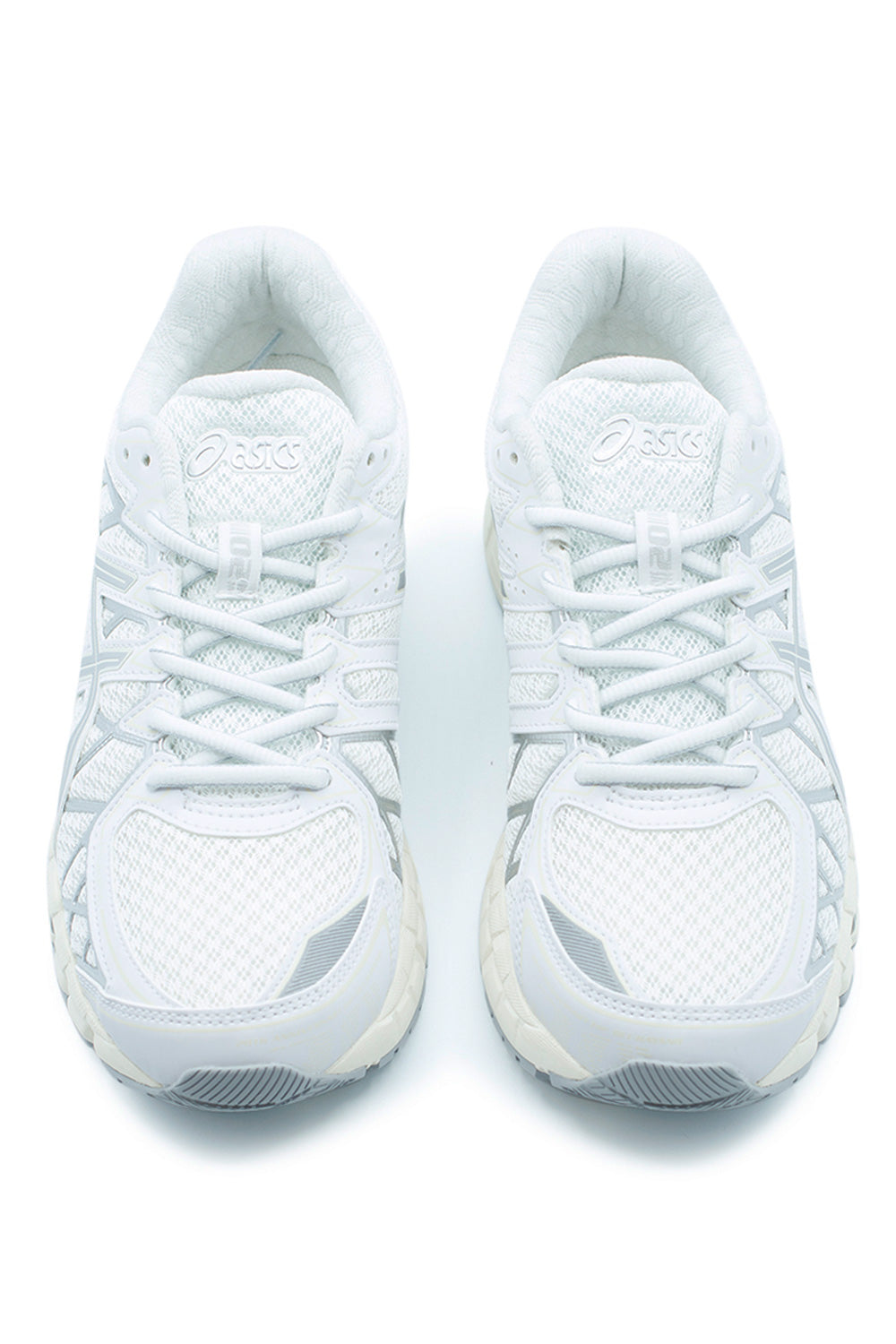 Top view of ASICS GEL Kayano 20 White Pure Silver sneaker showing lace system, mesh construction, FLUIDFIT heel structure and 2010s inspired design