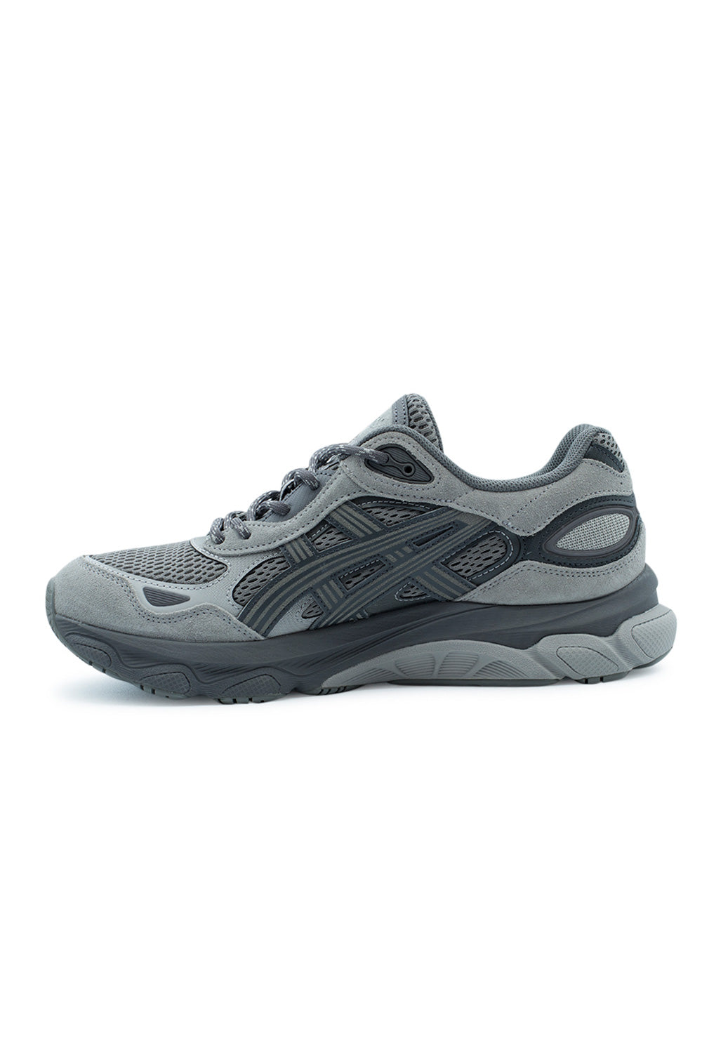 Medial arch profile view of the Asics Gel-NYC 2.0 sneaker, featuring the inner dark grey tiger stripes, sculpted arch lines of the FF BLAST PLUS midsole, smooth grey suede structural reinforcements, and the continuous wavy AHAR outsole tread.