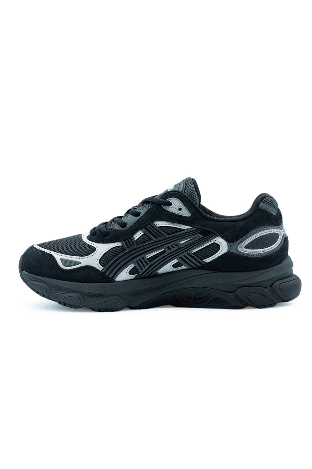 Side angle of Asics Gel-NYC 2.0 Graphite Grey Black featuring TPU TRUSSTIC stability support, breathable mesh panels and contemporary retro running shoe styling