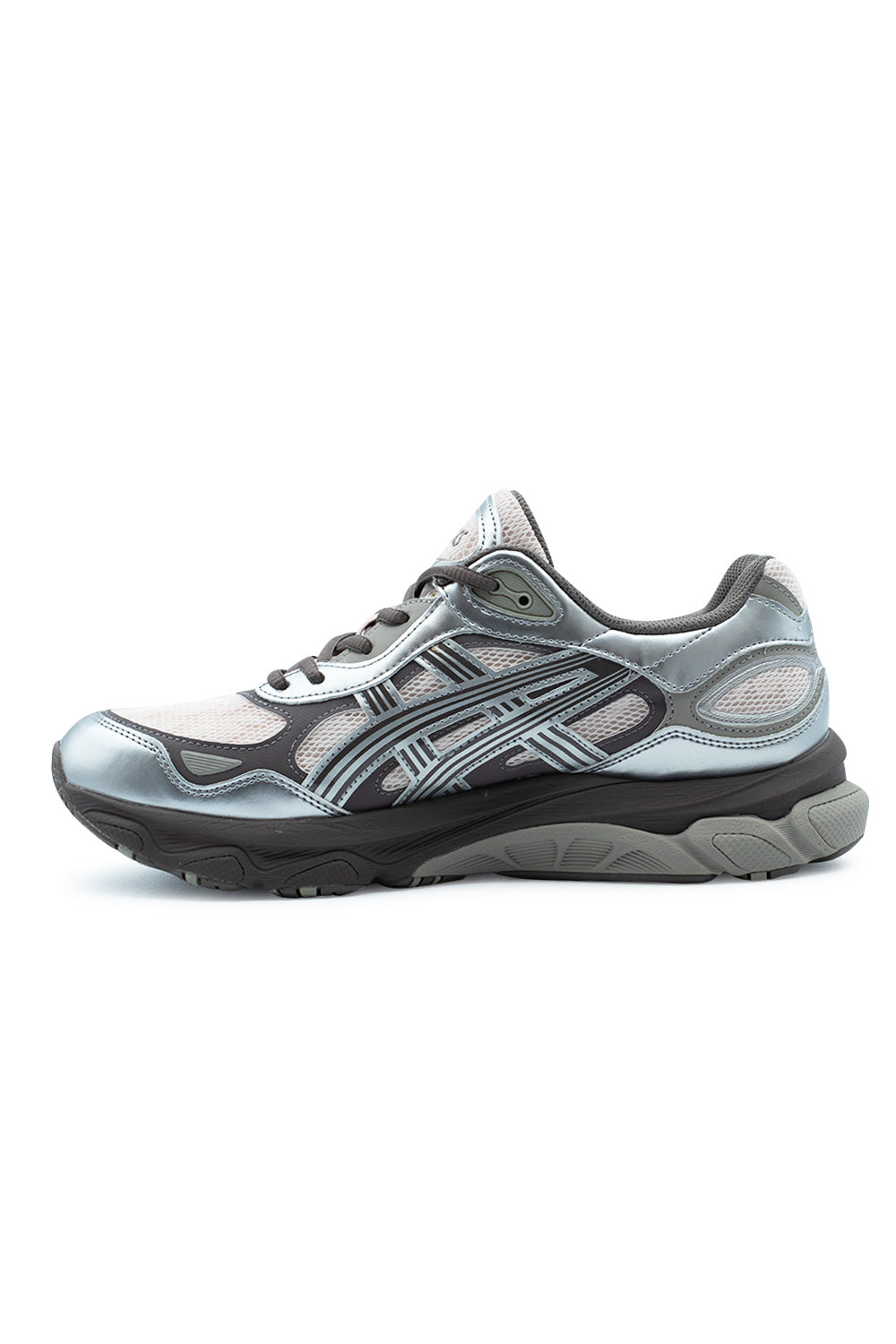 Medial arch profile view of the Asics Gel-NYC 2.0 running shoe, detailing the inner side synthetic leather tiger stripes, breathable textured mesh quarter panels, molded TPU TRUSSTIC support bridge across the midfoot shank, and shock-absorbing midsole cushioning.