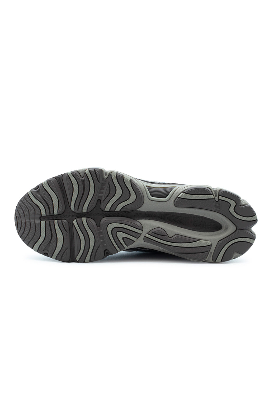 Full bottom view of the Asics Gel-NYC 2.0 rubber outsole, displaying the organic walking-specific flex grooves, multidirectional traction pattern in dark and light grey rubber, and central guidance channel revealing the integrated GEL and FF BLAST PLUS branding.