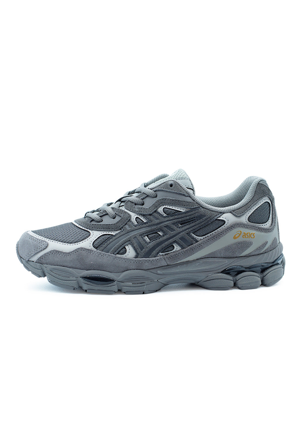 ASICS GEL-NYC Obsidian Grey lifestyle sneaker side view featuring layered suede overlays, breathable mesh panels, and GEL-CUMULUS-16 inspired midsole cushioning for retro running style and modern comfort