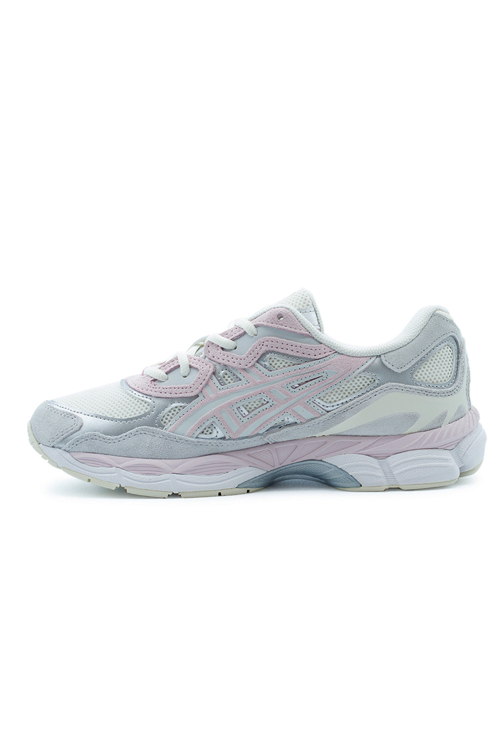 Opposite lateral side of ASICS GEL-NYC sneaker displaying archival-inspired design lines, shock-absorbing GEL sole unit, and lightweight foam midsole for daily walking comfort.