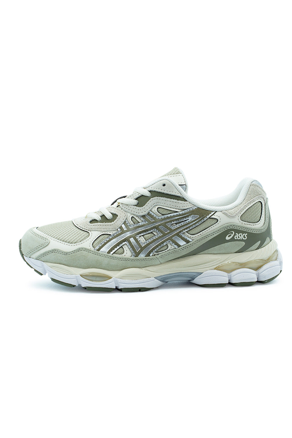 Lateral side view of the Asics GEL-NYC sneaker in Khaki and Pure Silver, showing the mesh upper, metallic silver tiger stripes, and olive-green suede panels.