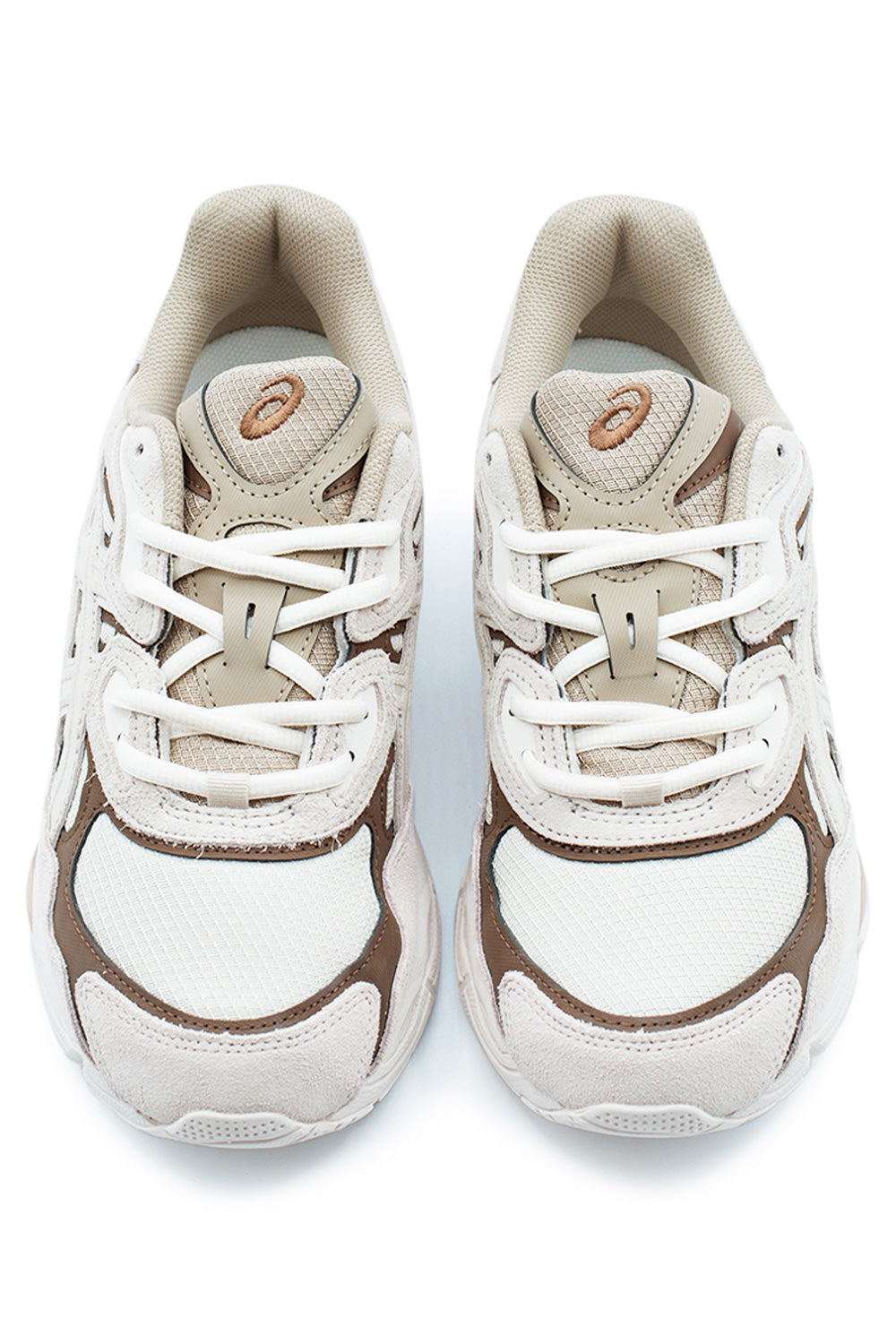 Top-down view of ASICS GEL-NYC Mineral Beige featuring tonal beige color palette, technical lace system, mesh toe box and Y2K-inspired lifestyle runner design