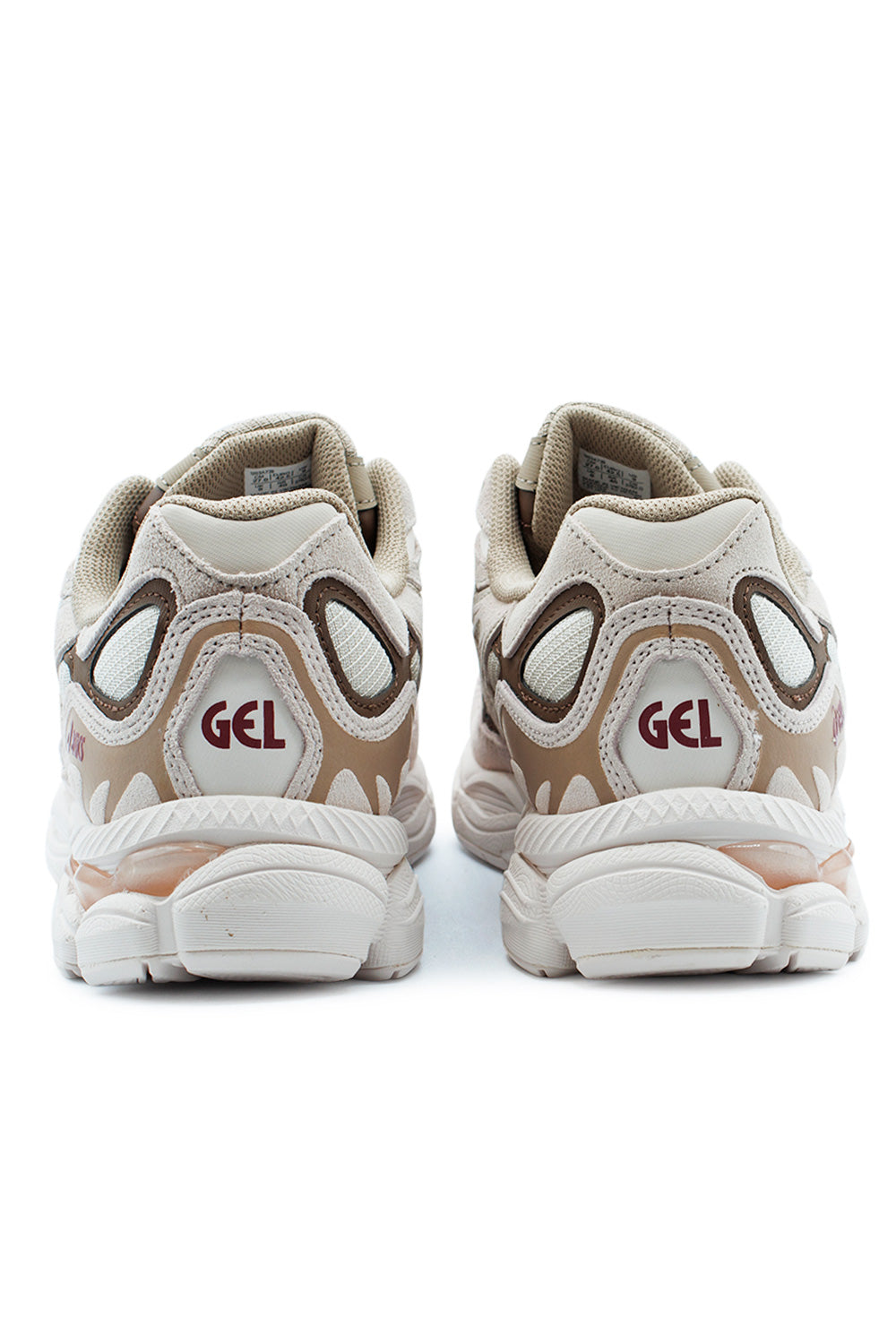 Rear angle of ASICS GEL-NYC in Mineral Beige showcasing visible GEL inserts, sculpted midsole cushioning and layered heritage running sneaker construction