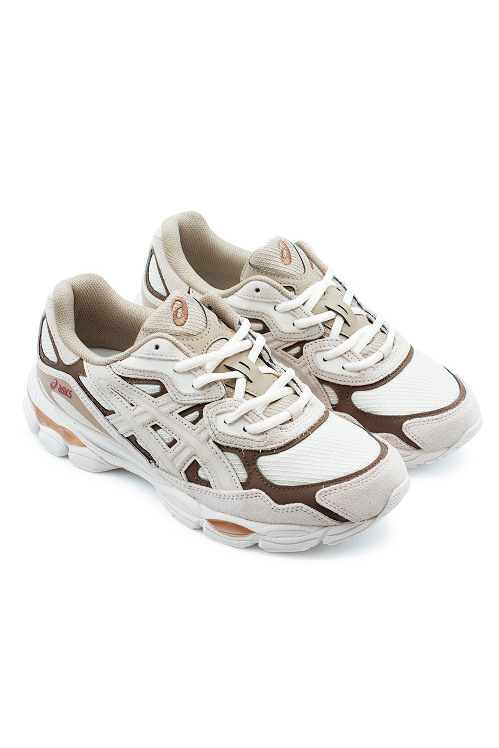 ASICS GEL-NYC Mineral Beige retro sneaker pair with cream suede panels, brown accents, performance mesh upper and modern streetwear runner aesthetic