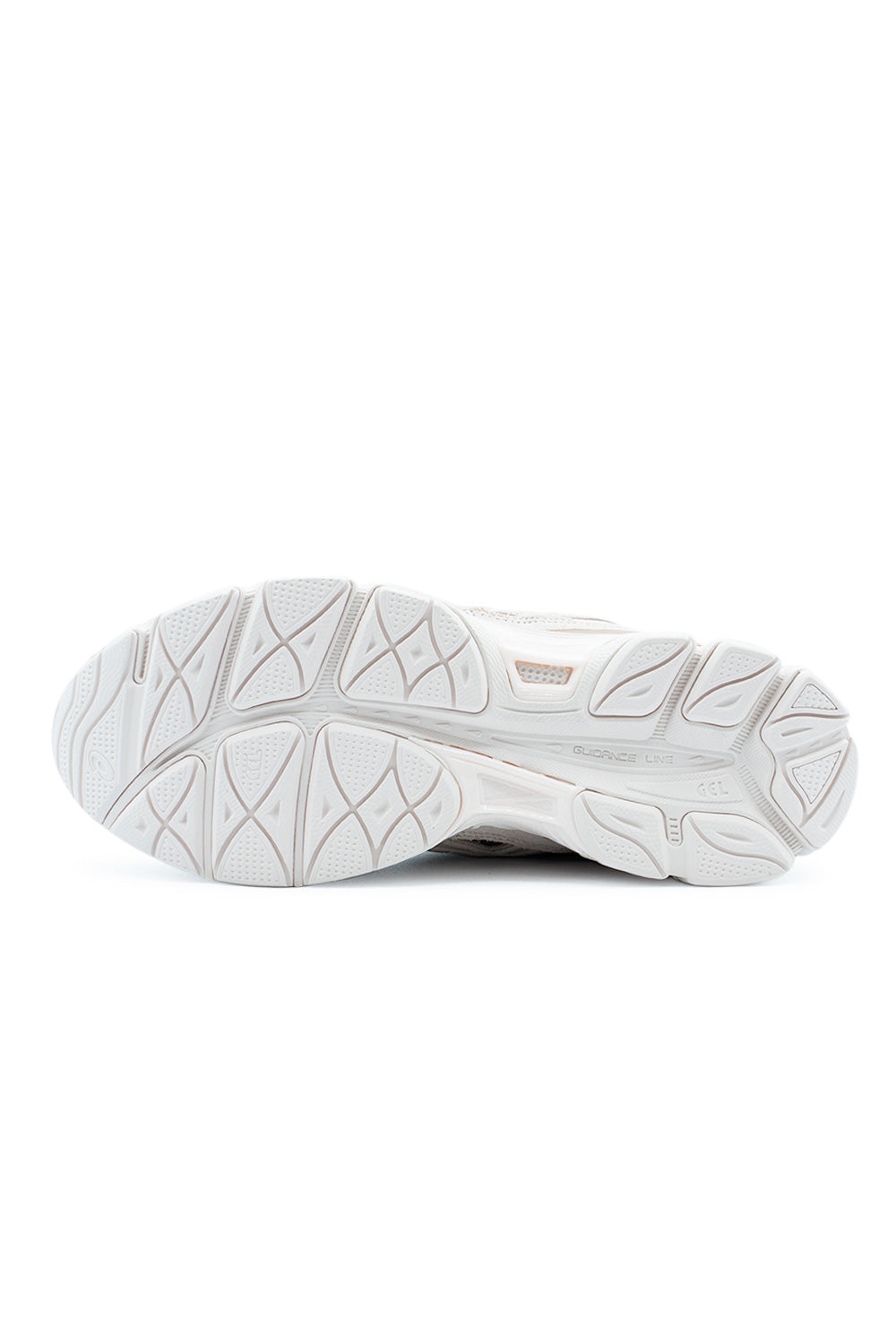 Outsole view of ASICS GEL-NYC Mineral Beige featuring durable traction pattern, GEL-CUMULUS 16 sole unit and lightweight comfort-focused sneaker technology