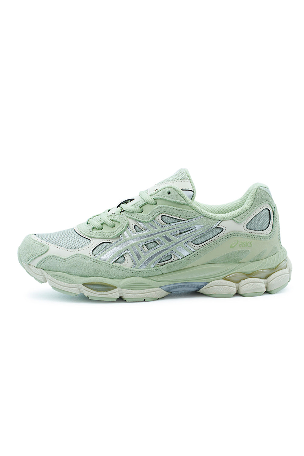 ASICS Gel-NYC Sage Forest Pure Silver sneaker featuring breathable mesh underlays, premium suede overlays, GEL cushioning technology and a retro-inspired Y2K running silhouette
