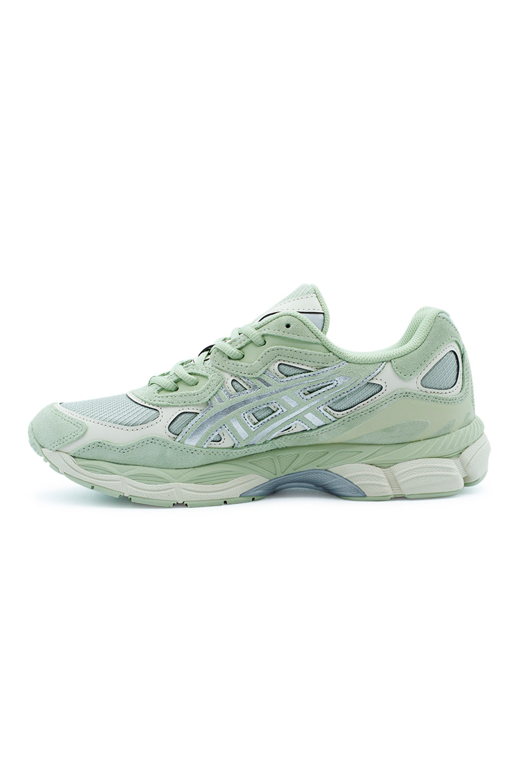 ASICS Gel-NYC Sage Forest Pure Silver lateral profile featuring metallic silver branding, breathable mesh upper and heritage running shoe DNA