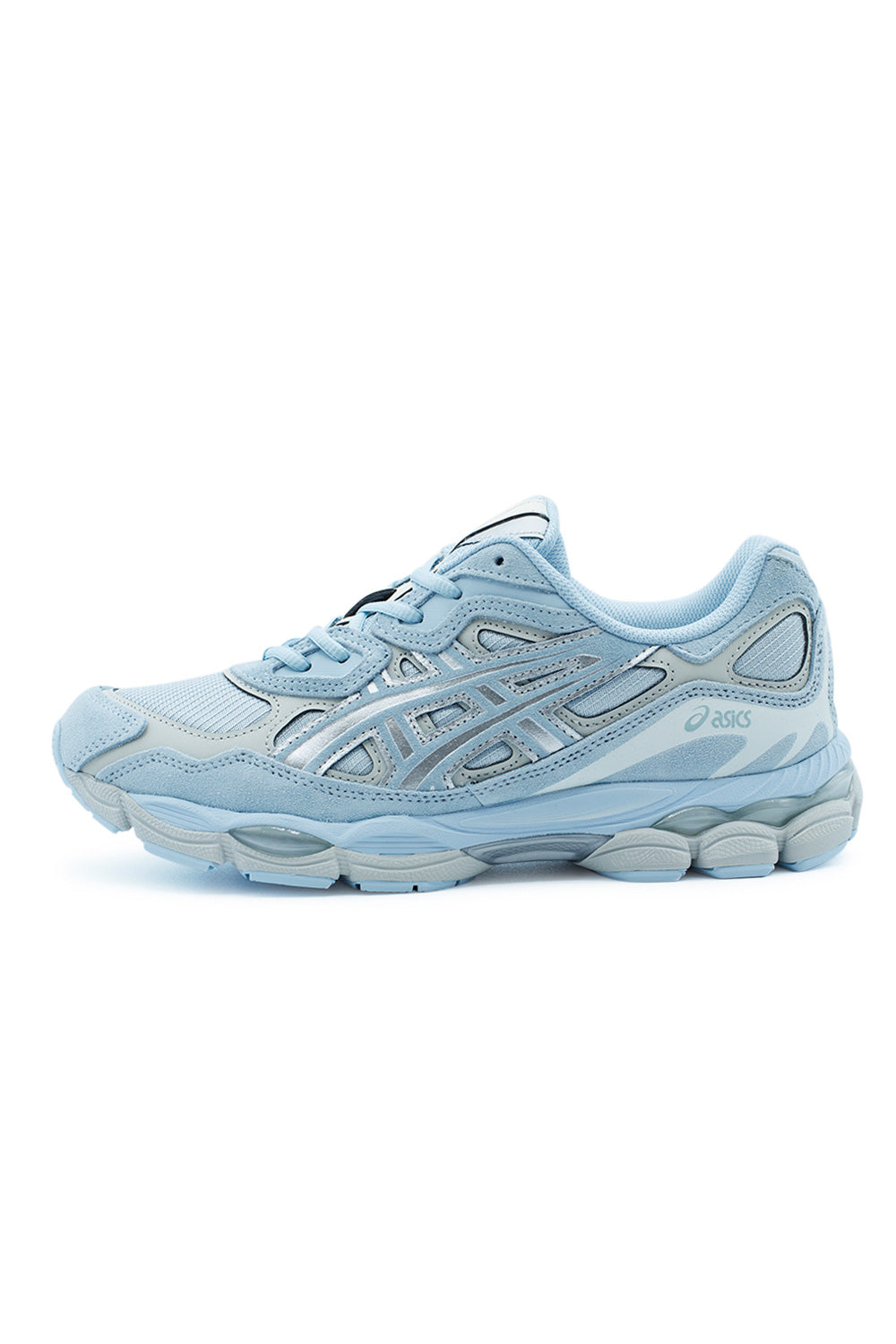 ASICS Gel-NYC Storm Cloud Pure Silver sneaker featuring breathable mesh underlays, premium suede overlays, GEL cushioning technology and a futuristic Y2K-inspired running silhouette